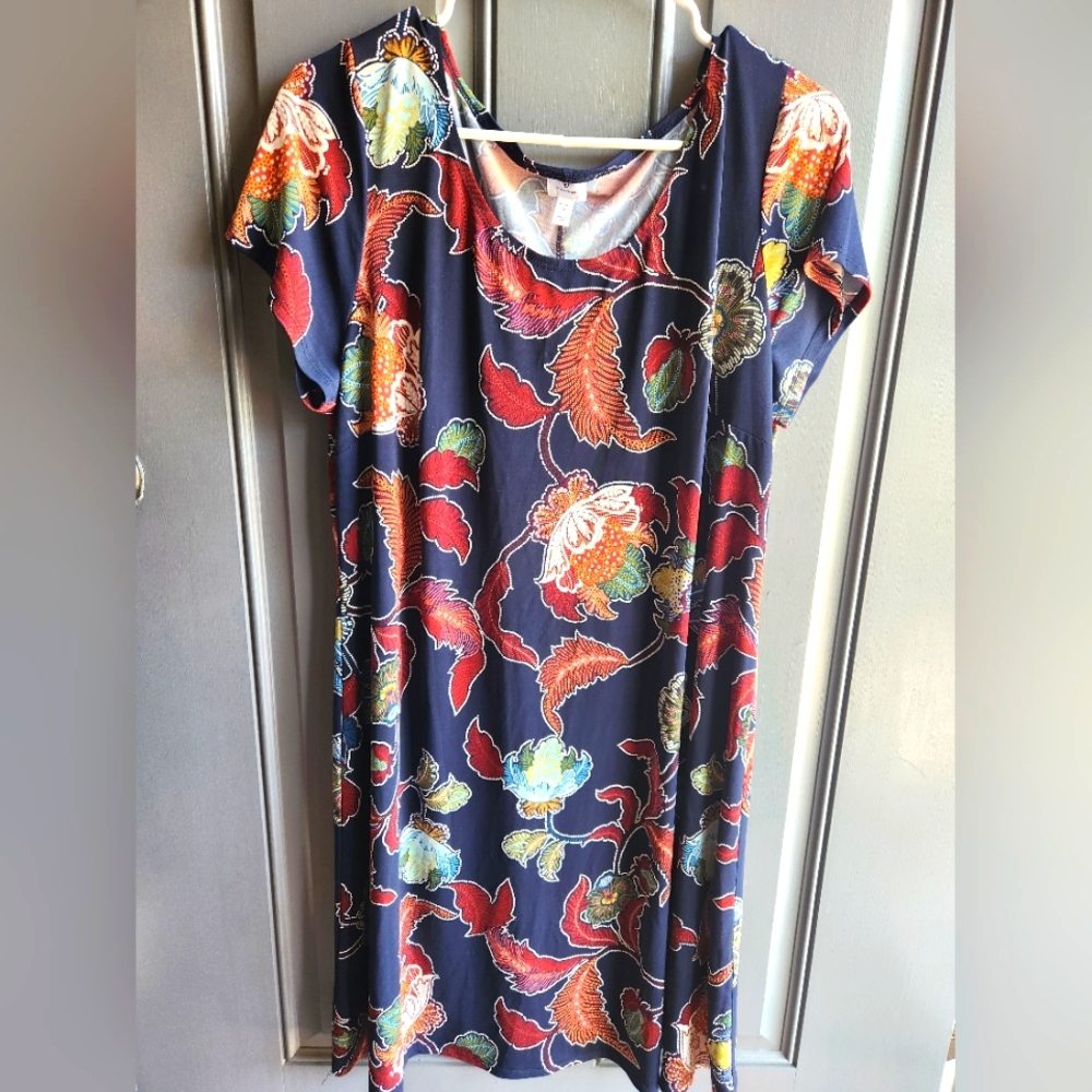 Dress Barn Blue Multicolor Floral Career/Casual Midi Short Sleeve Dress 1X